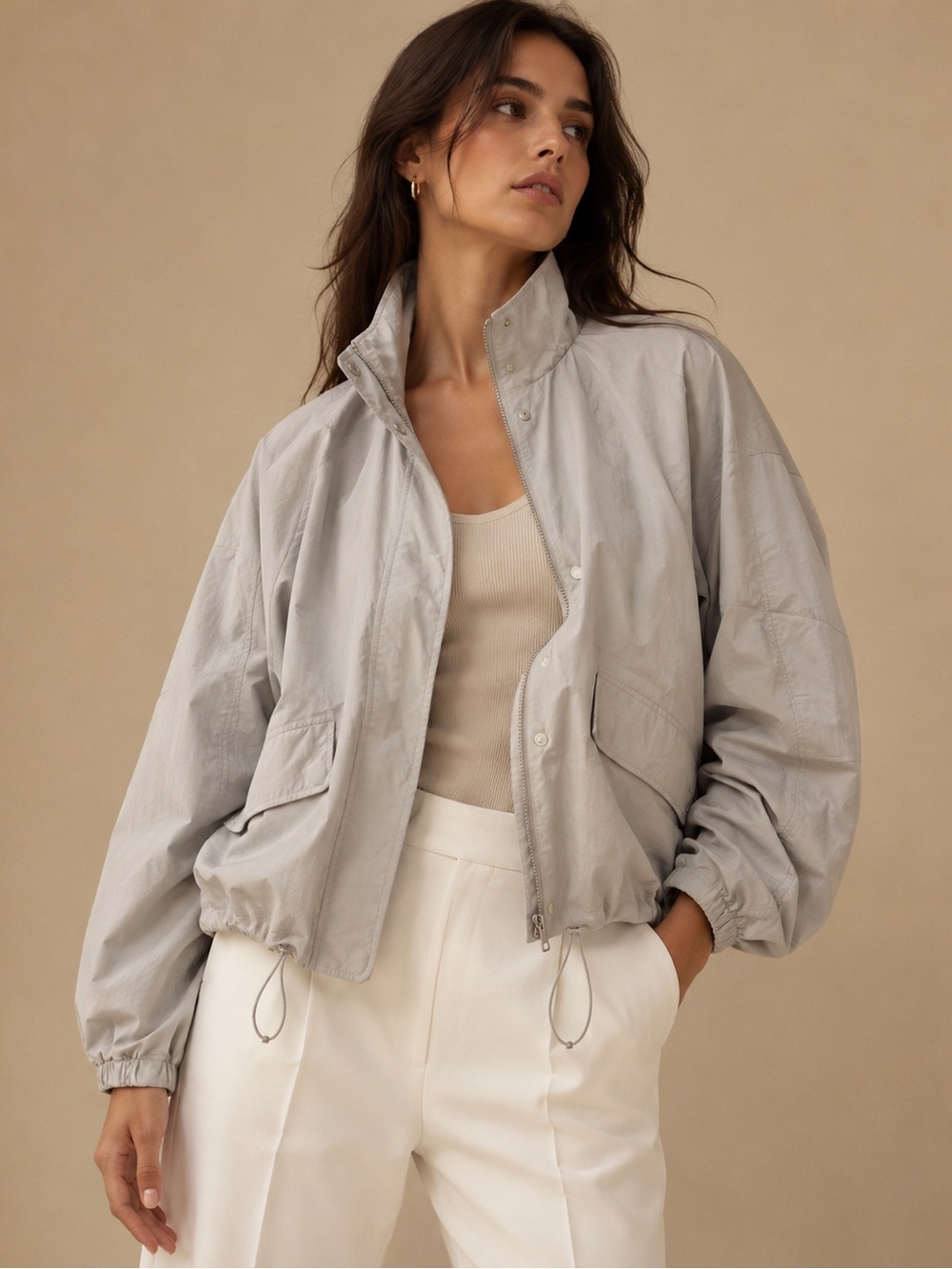 Evereve Light Gray Utility Bomber Jacket L